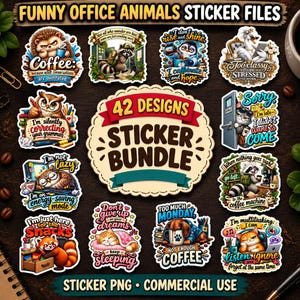 Op de afbeelding: Een digitale stickerset met 42 ontwerpen van diverse dieren in kantooromgevingen met humoristische teksten. De collectie bevat illustraties van een egel, wasbeer, pinguïn, zwaan, uil, kat, rode panda en hond, elk met unieke bijschriften.
