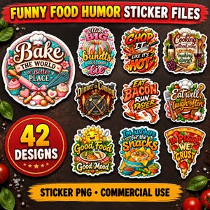 Puede incluir: Una colección de 42 pegatinas coloridas con temática de comida que incluyen varias ilustraciones y textos como Bake the World a Better Place, I like big bundts, Chop it like it's hot, Dinner is coming, Eat bacon run faster e In pizza we crust.