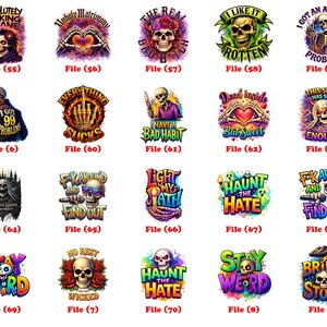 May include: A collection of colorful graphic designs featuring skulls with various phrases. The designs include text like "Absolutely F**king Insane," "I Like It Rotten," and "Stay Weird." The images are vibrant and detailed, suitable for apparel or accessories.