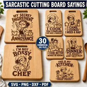 May include: A collection of six light-colored wooden cutting boards featuring dark brown laser-engraved illustrations of chefs and humorous text. The boards display various phrases including My Secret Ingredient Is Pure Annoyance and I Cook You Complain.