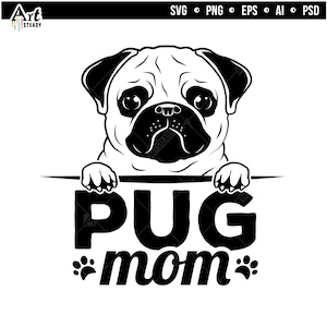Cute Peeking Pug Dog Mom SVG | Pug Dog Breed Clipart for Cricut and Dog Lover Gifts | Pug Face & Silhouette Files | Instant Download