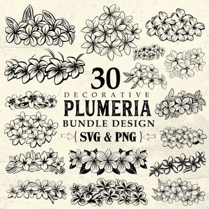 May include: A set of 30 black and white illustrations of plumeria flowers in various arrangements. The text "30 DECORATIVE PLUMERIA BUNDLE DESIGN (SVG & PNG)" is displayed in the center of the image.