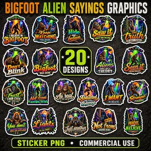 Könnte beinhalten: Eine Sammlung von 20 digitalen Grafikaufklebern mit Bigfoot- und Alien-Motiven. Jedes Design zeigt eine farbenfrohe Illustration von Bigfoot in einer Waldumgebung mit einem UFO darüber, begleitet von Texten wie I Believe In Bigfoot.