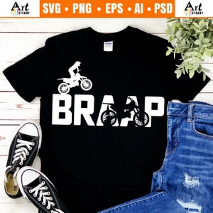 Op de afbeelding: Zwart T-shirt met een witte afbeelding van een crossmotor en het woord "BRAAP".