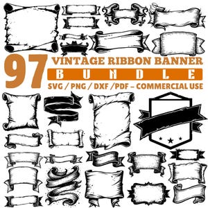 May include: A collection of 97 vintage ribbon banner designs in black and white. The image includes various scroll and banner shapes, with the text "VINTAGE RIBBON BANNER BUNDLE" and file type information. Suitable for commercial use.