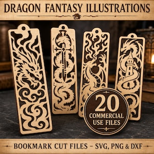 May include: Four rectangular wooden bookmarks featuring intricate laser-cut dragon designs, including a dragon with flames, a dragon with a sword, and a dragon with a tower. A circular badge displays the text 20 COMMERCIAL USE FILES.