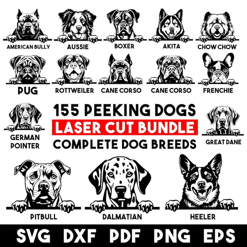 Laser Cut Bundle Peeking Dogs Svg Dxf Pdf Png Eps Complete breeds puppy dog lover engraving designs CNC files instant digital downloads image 7