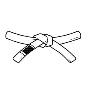 Op de afbeelding: Een witte martial arts-gordel geknoopt. De gordel heeft een zwarte streep aan het ene uiteinde.