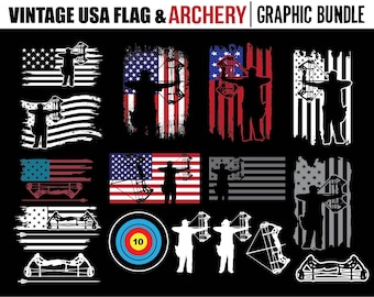 May include: A digital graphic bundle featuring vintage American flag designs with archery silhouettes. The bundle includes various flag styles, including distressed and wavy flags, with archers holding bows and arrows. The graphics are perfect for creating t-shirts, mugs, and other merchandise.