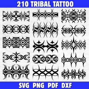 May include: A collection of 12 black tribal tattoo designs in various patterns. The designs are displayed on a white background. The text "210 TRIBAL TATTOO" is at the top, and "SVG PNG PDF DXF" is at the bottom.