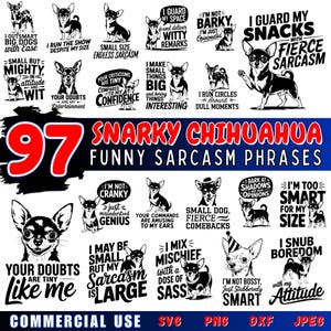 Puede incluir: Una colecci&oacute;n de 97 ilustraciones en blanco y negro de perros Chihuahua con frases divertidas y sarc&aacute;sticas. Las frases incluyen "Soy m&aacute;s listo que los perros grandes con facilidad", "Peque&ntilde;o pero poderoso", "Dirijo el espect&aacute;culo a pesar de mi tama&ntilde;o", "Tama&ntilde;o peque&ntilde;o, sarcasmo infinito", "Guardo mi espacio y doy comentarios ingeniosos", "Hago que las cosas peque&ntilde;as sean grandes", "No soy ladrador, solo soy opin&aacute;tico", "Guardo mis bocadillos con sarcasmo feroz", "Tus dudas son mi entretenimiento", "Tus cr&iacute;ticas son peque&ntilde;as en comparaci&oacute;n con mi confianza", "Doy vueltas alrededor de los momentos aburridos", "No soy gru&ntilde;&oacute;n, solo un genio incomprendido", "Tus &oacute;rdenes son divertidas para mis o&iacute;dos", "Mezclo travesuras con una dosis de descaro", "Perro peque&ntilde;o, respuestas mordaces", "Ladro a las sombras y a tus opiniones", "Soy demasiado inteligente para mi tama&ntilde;o", "Puedo ser peque&ntilde;o, pero mi sarcasmo es grande", "No soy mand&oacute;n, solo tercamente inteligente", "Desprecio el aburrimiento con mi actitud".