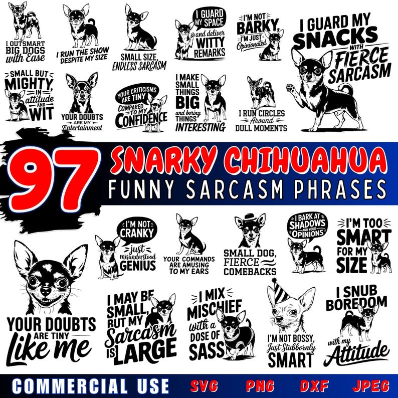 Puede incluir: Una colecci&oacute;n de 97 ilustraciones en blanco y negro de perros Chihuahua con frases divertidas y sarc&aacute;sticas. Las frases incluyen "Soy m&aacute;s listo que los perros grandes con facilidad", "Peque&ntilde;o pero poderoso", "Dirijo el espect&aacute;culo a pesar de mi tama&ntilde;o", "Tama&ntilde;o peque&ntilde;o, sarcasmo infinito", "Guardo mi espacio y doy comentarios ingeniosos", "Hago que las cosas peque&ntilde;as sean grandes", "No soy ladrador, solo soy opin&aacute;tico", "Guardo mis bocadillos con sarcasmo feroz", "Tus dudas son mi entretenimiento", "Tus cr&iacute;ticas son peque&ntilde;as en comparaci&oacute;n con mi confianza", "Doy vueltas alrededor de los momentos aburridos", "No soy gru&ntilde;&oacute;n, solo un genio incomprendido", "Tus &oacute;rdenes son divertidas para mis o&iacute;dos", "Mezclo travesuras con una dosis de descaro", "Perro peque&ntilde;o, respuestas mordaces", "Ladro a las sombras y a tus opiniones", "Soy demasiado inteligente para mi tama&ntilde;o", "Puedo ser peque&ntilde;o, pero mi sarcasmo es grande", "No soy mand&oacute;n, solo tercamente inteligente", "Desprecio el aburrimiento con mi actitud".