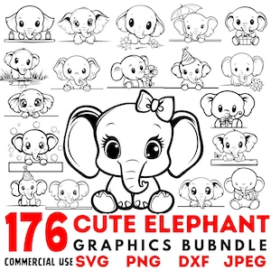 Pacote SVG de Elefante Fofo | Arquivos DXF de Elefante para Cricut | Clipart de Elefante Adorável | Pacote de Design de Animal para Uso Comercial