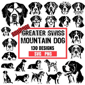Può includere: Una collezione di 130 illustrazioni vettoriali in bianco e nero di cani da montagna bernese in varie pose. Le illustrazioni includono cani con occhiali, cani con fiori e cani in diverse posizioni. Il testo "GREATER SWISS MOUNTAIN DOG 130 DESIGNS SVG PNG" è visualizzato in una casella rossa con punti bianchi.