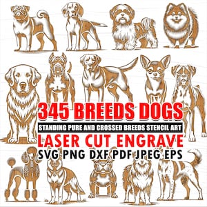 Puede incluir: Arte de corte láser en madera que presenta varias razas de perros. La imagen incluye el texto "345 BREEDS DOGS" y opciones de formato de archivo: SVG, PNG, DXF, PDF, JPEG y EPS. El arte está diseñado para plantillas y grabado.