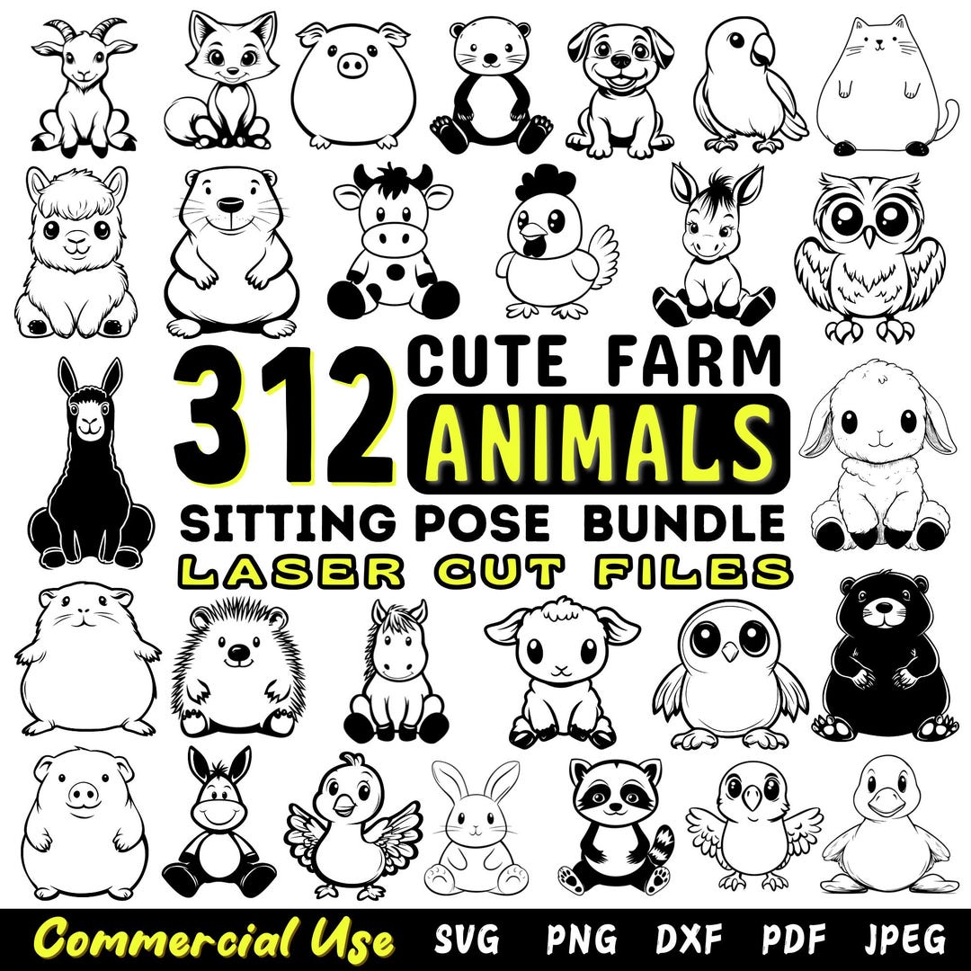 Laser Cut Files Cute Farm Animals Sitting Pose Svg Dxf Png Pdf Jpeg ...