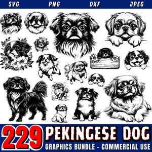 May include: A set of 229 black and white illustrations of Pekingese dogs in various poses. The illustrations are perfect for creating digital or physical products such as t-shirts, mugs, stickers, and more.