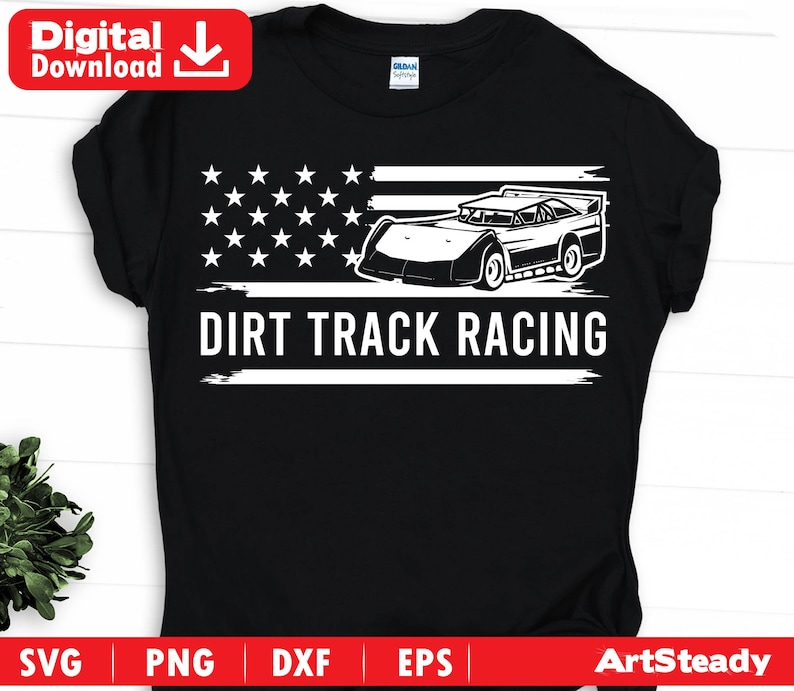 May include: Black t-shirt with a white graphic of a race car and the text "DIRT TRACK RACING". The design includes stars and stripes, resembling the American flag. The shirt is a digital download, perfect for motorsport fans.