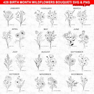 Geburtsmonat Wildblumen Blumenstrauß Geburtstagsmonat SVG, Png-Bundle 428 Grafiken Wildblumen-Svg-Dateien Botanische Blumen sofortige digitale Downloads