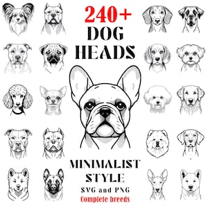 May include: A collection of 240+ minimalist style dog head illustrations in black and white. The illustrations are in SVG and PNG format and include complete breeds.