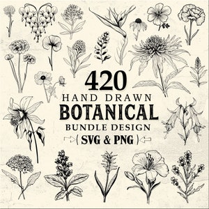 Puede incluir: Una colección de 420 ilustraciones botánicas dibujadas a mano. Las ilustraciones son en blanco y negro y presentan una variedad de flores, hojas y plantas. El texto "420 Hand Drawn Botanical Bundle Design (SVG & PNG)" está incluido en la imagen.