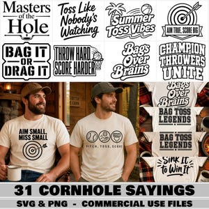 Puede incluir: Una colección de diseños temáticos de cornhole, que incluyen frases como "Masters of the Hole" y "Bags Over Brains". La imagen presenta a dos hombres que visten camisetas con gráficos de cornhole. El texto "31 Cornhole Sayings" se muestra en la parte inferior.