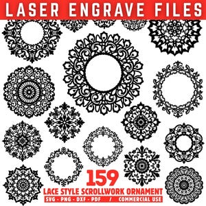 Puede incluir: Una colección de 159 adornos de filigrana de encaje negro para grabado láser. Los diseños incluyen varios patrones circulares y geométricos, con el texto "LASER ENGRAVE FILES" en la parte superior y "LACE STYLE SCROLLWORK ORNAMENT" en la parte inferior.