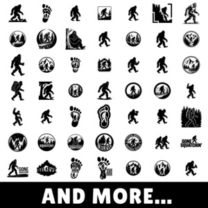 May include: A collection of black and white illustrations featuring a mythical creature, Bigfoot. The illustrations include various poses of Bigfoot, footprints, and text such as "Squatchy", "Believe", "Hide and Seek", and "Gone Squatchin".