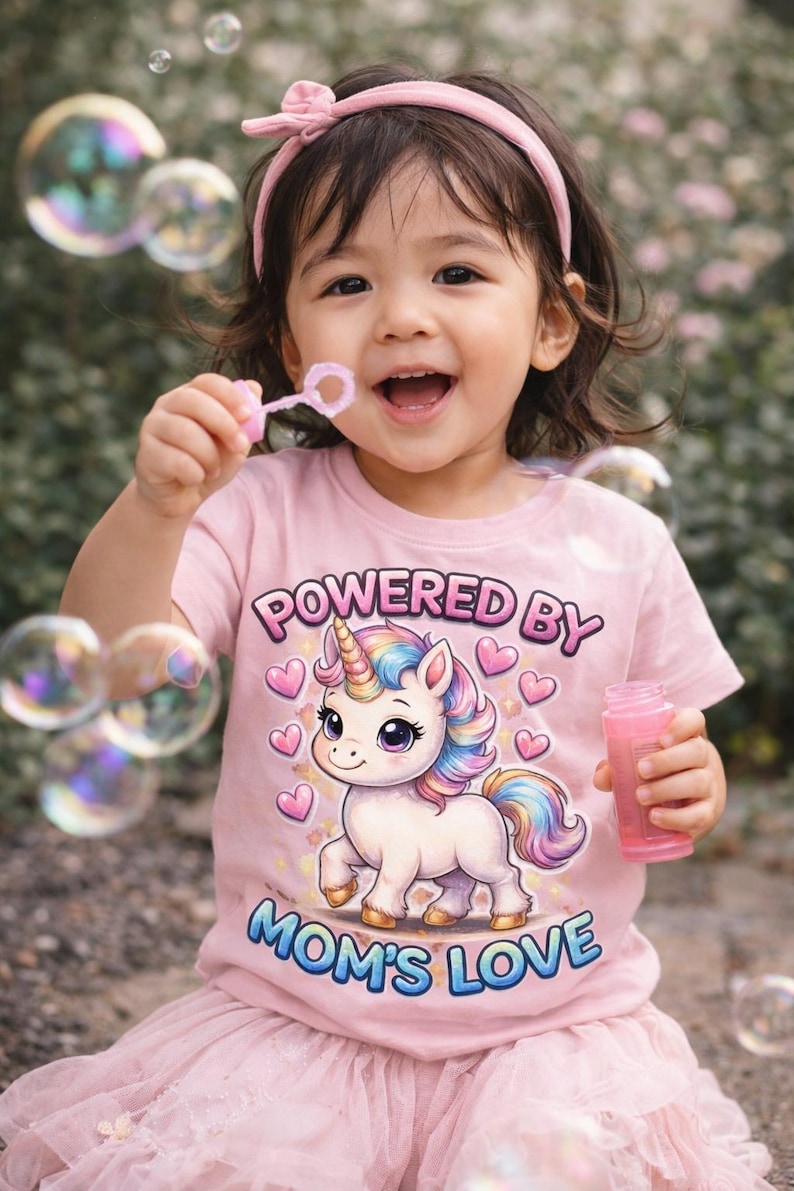May include: A young child wearing a pink t-shirt with a unicorn graphic and the text "POWERED BY MOM'S LOVE". The child is smiling and blowing bubbles with a pink wand. A pink headband is in the child's hair.