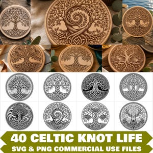 Peut inclure: Une collection de 40 fichiers numériques présentant des motifs circulaires d'arbre de vie avec des entrelacs celtiques complexes, incluant divers motifs d'arbres, de racines et d'animaux, fournis en tant que graphiques SVG et PNG pour usage commercial.
