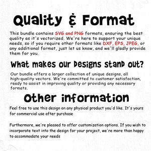 May include: Text explaining the quality and format of a design bundle. It includes SVG and PNG formats, and mentions other formats like DXF, EPS, and JPEG. The text also highlights the bundle's large collection of unique designs and commitment to customer satisfaction.