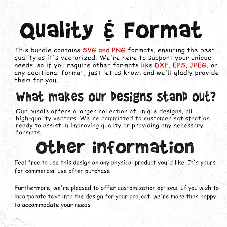 May include: Text explaining the quality and format of a design bundle. It includes SVG and PNG formats, and mentions other formats like DXF, EPS, and JPEG. The text also highlights the bundle's large collection of unique designs and commitment to customer satisfaction.