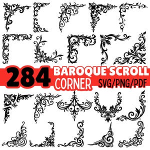 May include: A collection of 284 black baroque scroll corner designs in SVG, PNG, and PDF formats. The corners feature intricate floral and ornamental patterns, perfect for digital design projects.