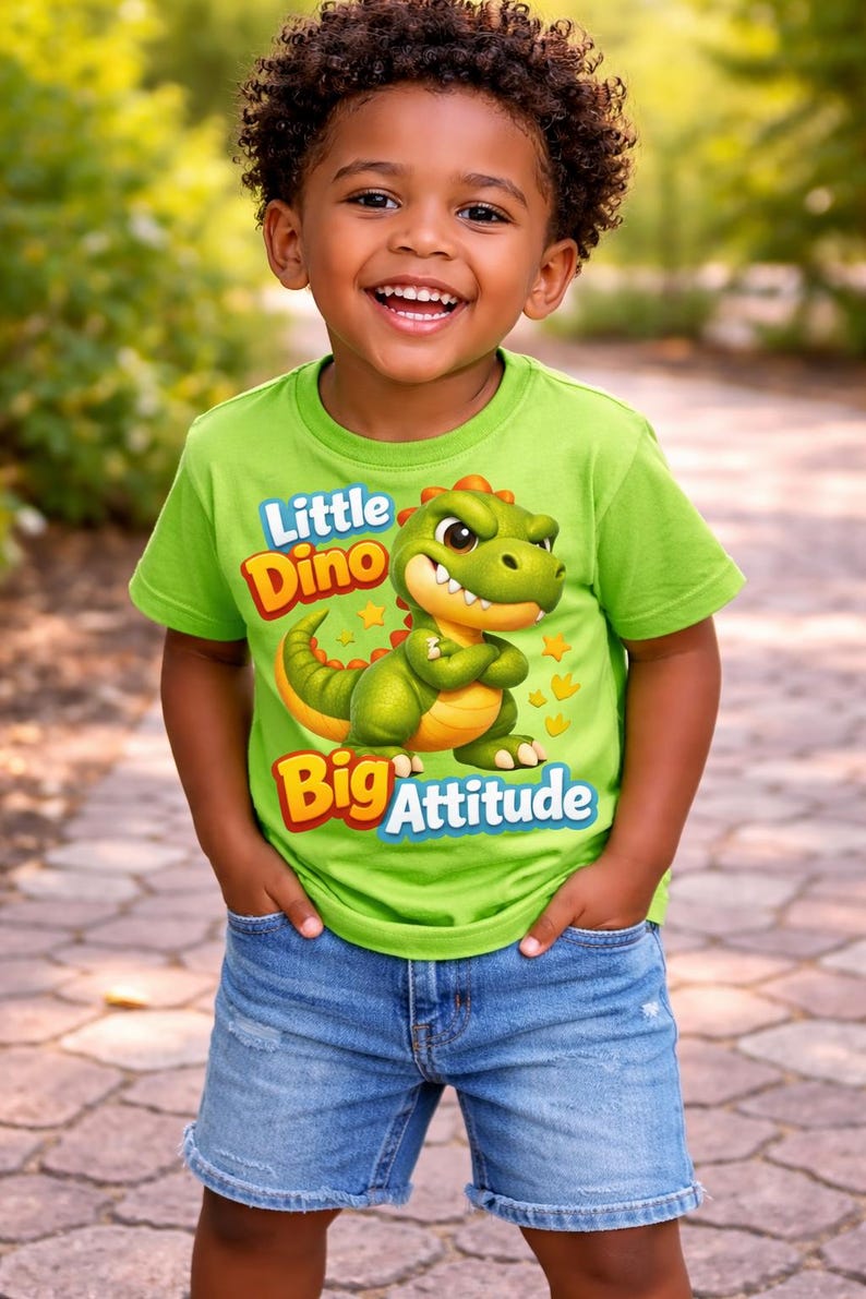 May include: A young child smiles, wearing a lime green t-shirt with a cartoon dinosaur graphic. The shirt reads "Little Dino Big Attitude" in yellow and red text. The child is also wearing blue denim shorts.
