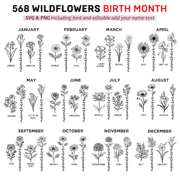 Wilde bloemen Geboortemaand SVG, PNG bundel 568 afbeeldingen - Geboortemaand wilde bloemen svg-bestanden Verjaardag Bloem clipart Botanische instant downloads