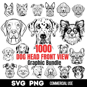 Laser cut files 1000 Dog heads front view line art Complete breeds Svg and PNG bundle - dogs, puppy pet lover owner instant digital download