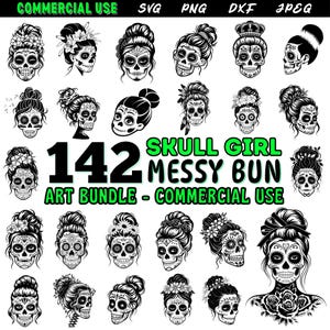 Skull Girl Messy Bun Art SVG DXF Bundle | Mom Life Skeleton Clipart | Halloween Cricut Cut Files | Digital Download | Commercial