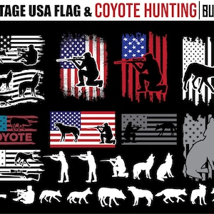 May include: A digital design bundle featuring vintage American flag graphics with a coyote hunting theme. The designs include a coyote silhouette, a rifle, and the word "Coyote" in a distressed font.