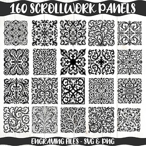 May include: A collection of 160 scrollwork panels in a variety of intricate black and white designs. The panels feature floral and ornamental patterns, perfect for engraving projects. Text at the top reads "160 SCROLLWORK PANELS" and at the bottom "ENGRAVING FILES - SVG & PNG".