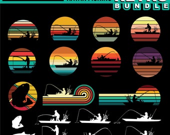 Retro Kayak Fishing SVG & PNG Bundle, Canoe Designs for Fishermen and Nature Lovers, Instant Download