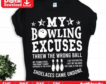 May include: Black t-shirt with white text that reads "My Bowling Excuses" and includes a bowling ball graphic. The text below reads "Threw the wrong ball" and lists several bowling excuses.