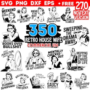 Pacote de ditado engraçado de dona de casa retrô Svg Dxf Png Pdf - Gráficos vintage de dona de casa retrô Downloads instantâneos para uso comercial
