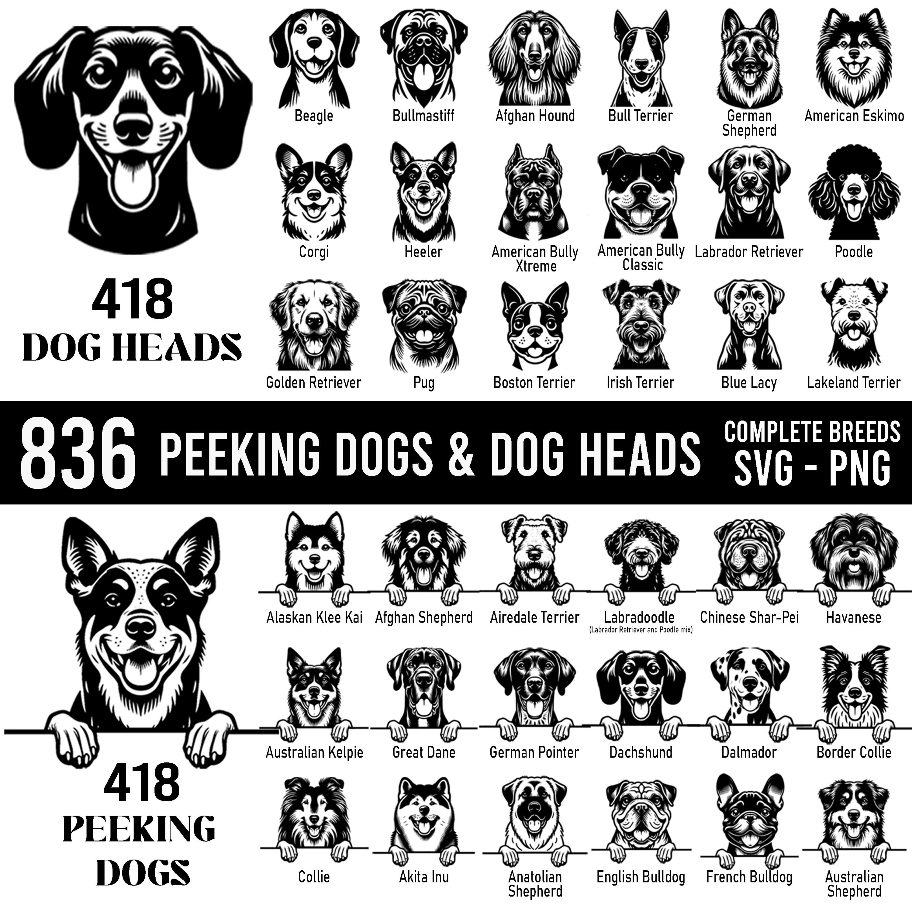 Laser cut files 836 Peeking Dogs and Dog heads Svg &, Png complete breed bundle - dogs or puppy pet lover owner instant digital downloads