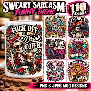 Può includere: Una tazza in ceramica bianca con la grafica di uno scheletro con bandana rossa e occhiali a forma di cuore, che tiene una tazza di caffè con il testo FUCK OFF AND DRINK COFFEE, circondato da rose rosse e uno sfondo a scacchi.