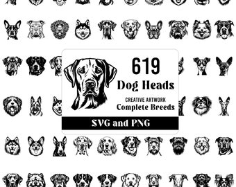 Laser cut files 619 Dog heads creative artwork complete breeds - SVG and PNG bundle engraving glowforge dogs or puppy instant downloads
