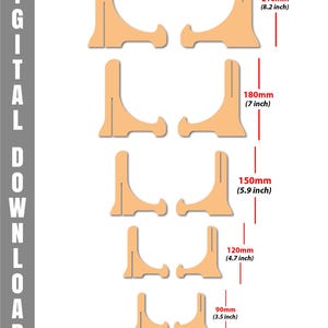 May include: A collection of wooden display stands in various sizes, ranging from 2.3 inches to 8.2 inches in height. The stands are a light tan color and are designed to hold plates or other items. The image also includes the text "DIGITAL DOWNLOADS".
