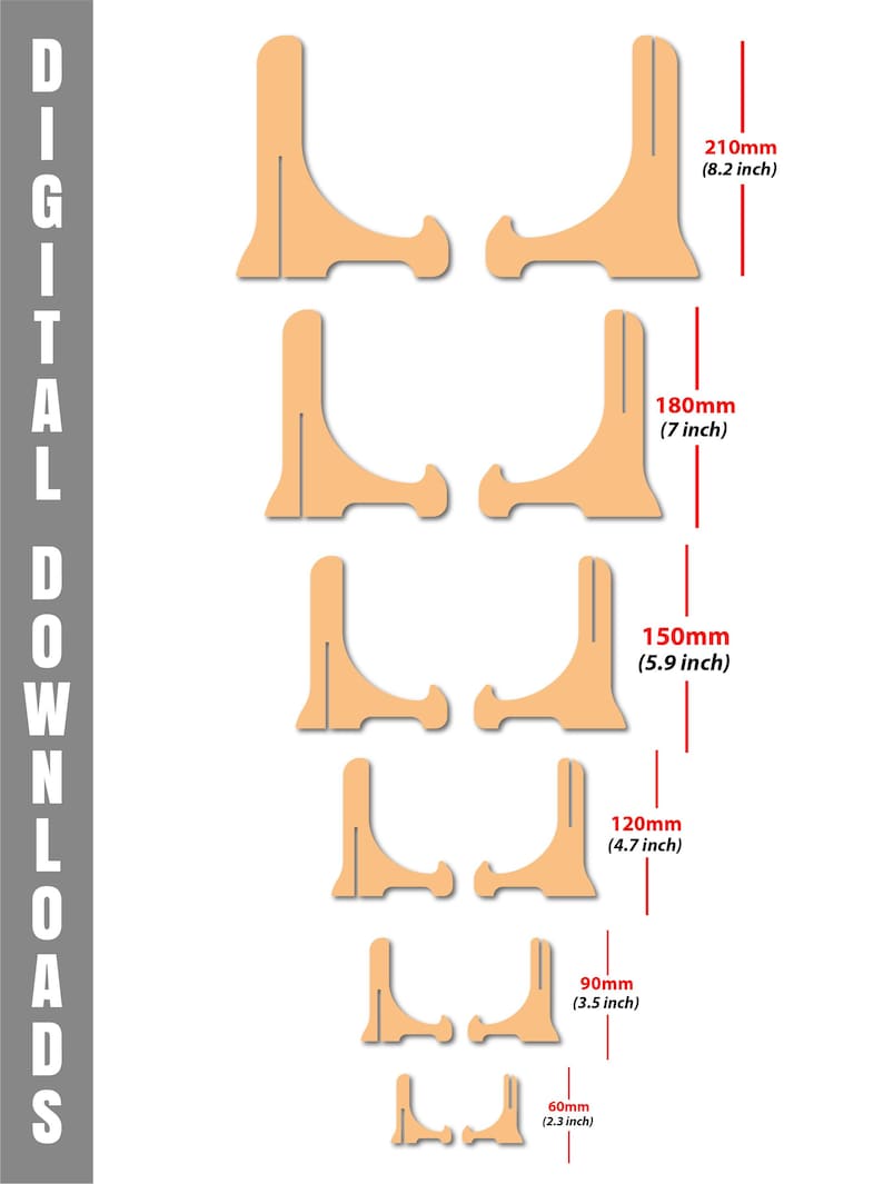 May include: A collection of wooden display stands in various sizes, ranging from 2.3 inches to 8.2 inches in height. The stands are a light tan color and are designed to hold plates or other items. The image also includes the text "DIGITAL DOWNLOADS".