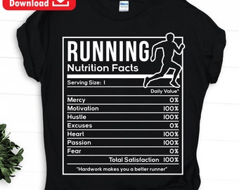 Pacchetto di file SVG e PNG per la corsa, design per fitness, palestra e maratona, illustrazioni divertenti con informazioni nutrizionali, disponibili per il download immediato.
