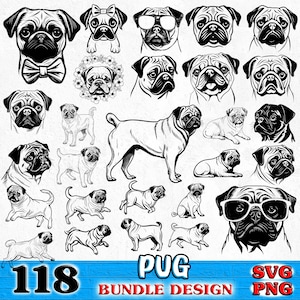 Puede incluir: Un conjunto de 118 ilustraciones de perros pug en blanco y negro. Las ilustraciones presentan pugs en varias poses, incluyendo sentados, de pie y acostados. El texto "Pug Bundle Design" y "SVG PNG" también se incluye en la imagen.