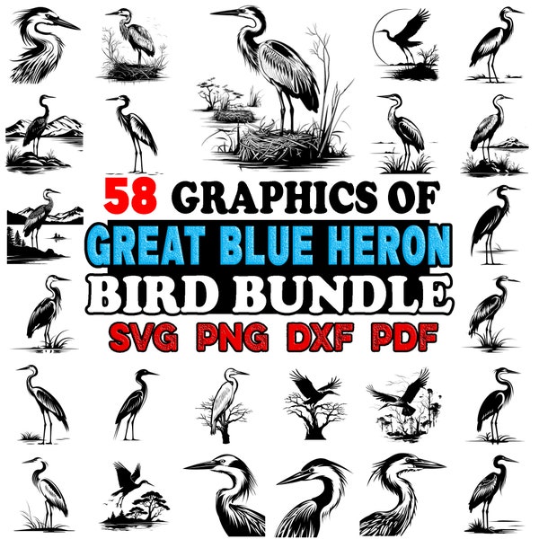 Great Blue Heron bird  58 graphics bundle Bundle SVG, Png, Dxf, Pdf - Instant digital downloads